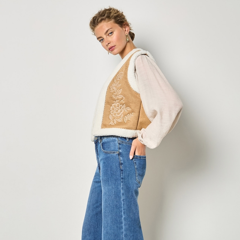 Faux Suede And Sherpa Embroidered Vest